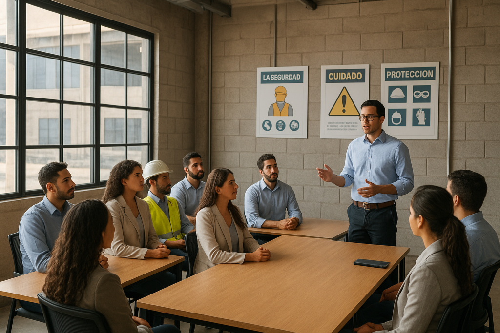Empleados en una sala de capacitación en una empresa en Puebla, con atención en un instructor y material sobre seguridad laboral visible.
