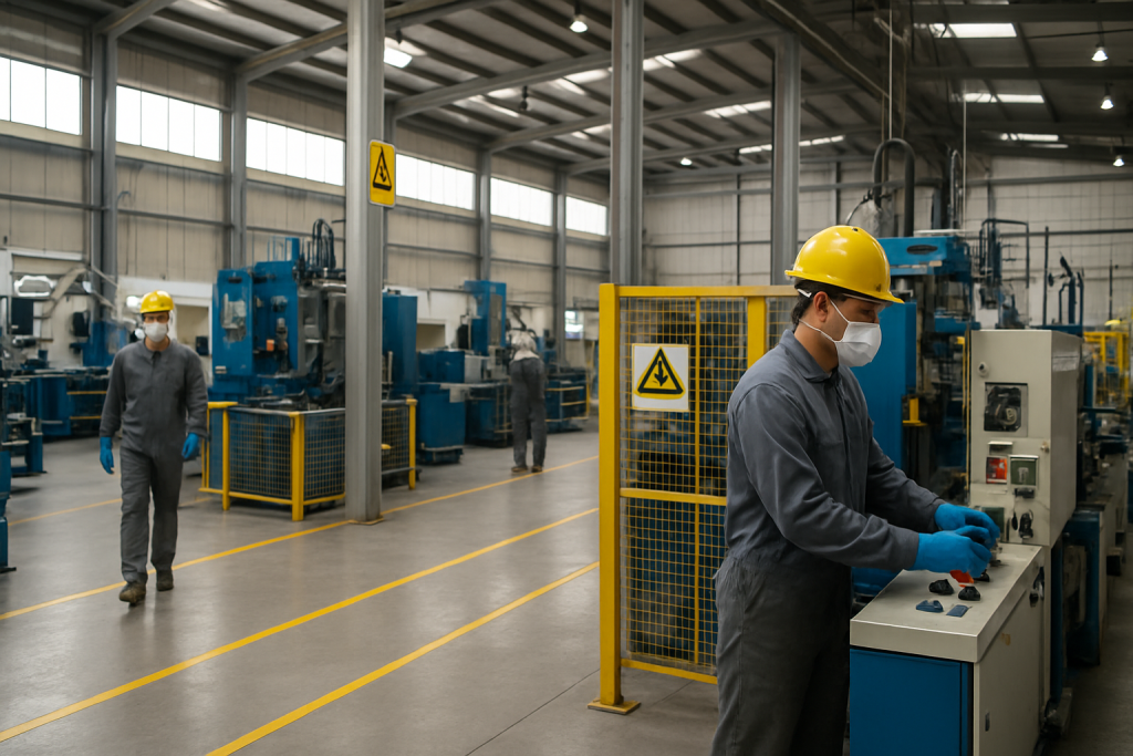 Interior of an industrial factory in Puebla with machines and workers wearing protective gear following safety protocols
