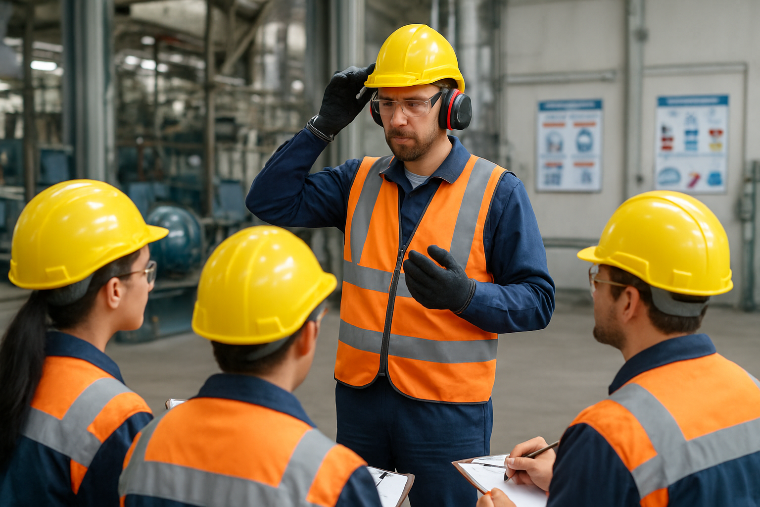 Interior of an industrial factory in Puebla with machines and workers wearing protective gear following safety protocols