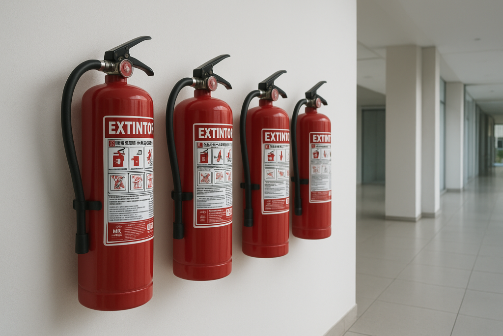 Fila de extintores de incendio modernos montados en la pared de un edificio comercial en Puebla, con iluminación natural y entorno limpio