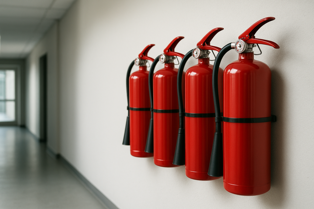 Several fire extinguishers mounted on a clean indoor wall showing normal pressure gauges in a commercial environment