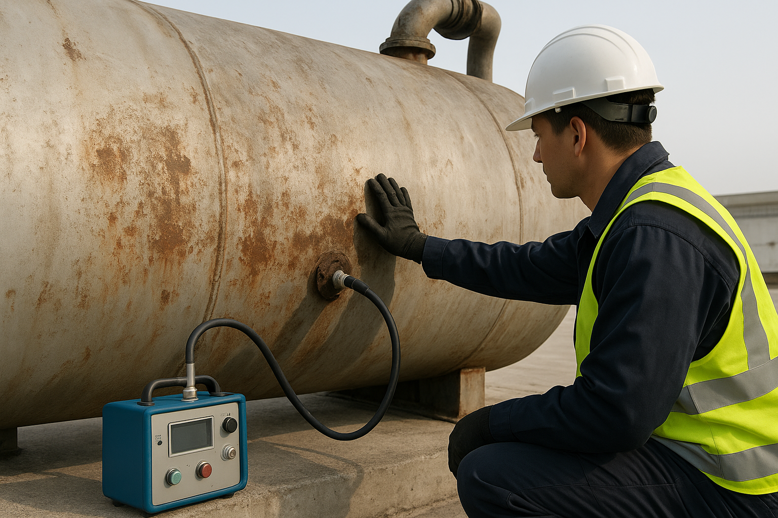 Foto realista de varios tanques de combustible industriales en un entorno exterior, con detalles técnicos visibles de válvulas y medidores, en un espacio limpio y bien mantenido.