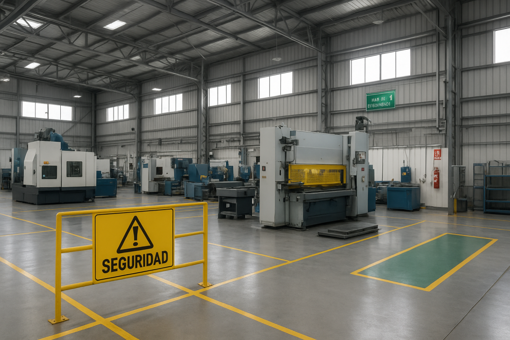 Interior de una planta industrial moderna con maquinaria y señalización de seguridad visible en Puebla