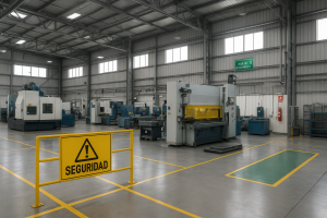 Interior de una planta industrial moderna con maquinaria y señalización de seguridad visible en Puebla