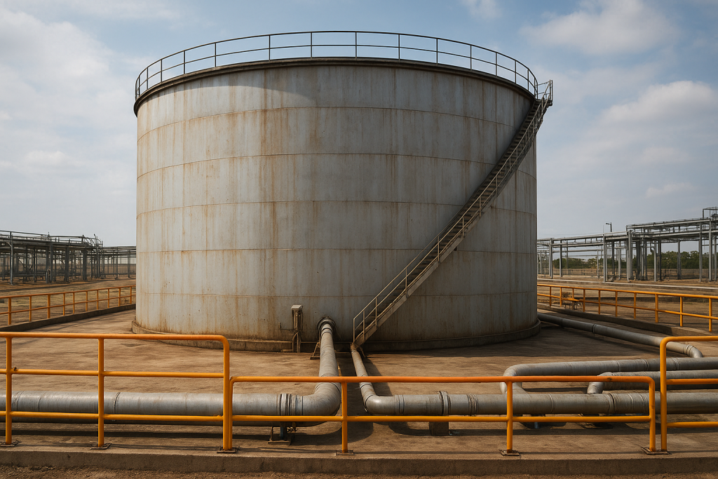 Large outdoor hydrocarbon storage tank with connected pipelines and safety barriers in an industrial facility