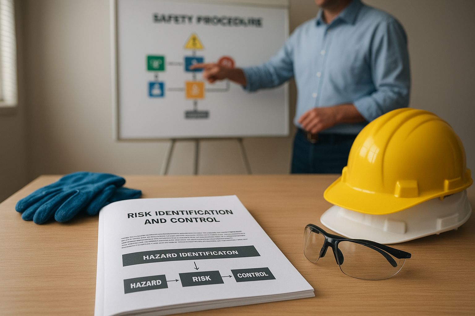 Empleados en una sala de capacitación en una empresa en Puebla, con atención en un instructor y material sobre seguridad laboral visible.