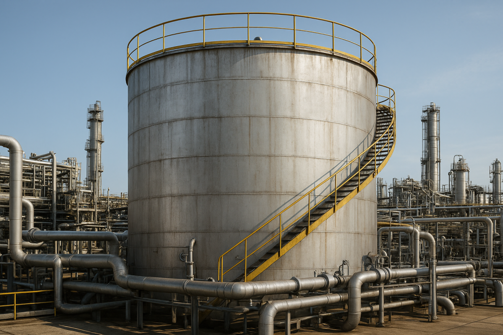 Tanque industrial de almacenamiento metálico en planta química bajo iluminación natural