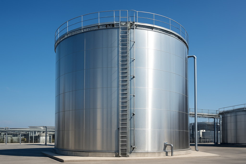 Image of a large clean industrial storage tank outdoors in a well-maintained facility under clear sky