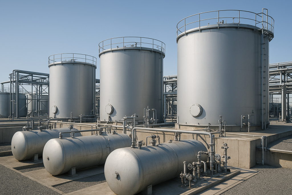 Foto realista de varios tanques de combustible industriales en un entorno exterior, con detalles técnicos visibles de válvulas y medidores, en un espacio limpio y bien mantenido.