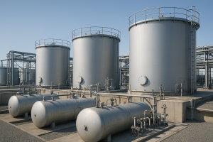 Foto realista de varios tanques de combustible industriales en un entorno exterior, con detalles técnicos visibles de válvulas y medidores, en un espacio limpio y bien mantenido.