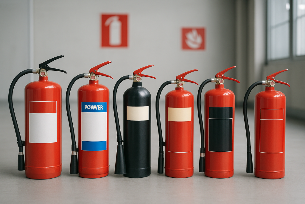 Fila de distintos tipos de extintores contra incendios en una instalación industrial limpia y organizada.